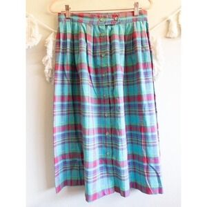 Vintage Union-Made Button-Front Madras Plaid Skirt Late 1970s-Early 1980s, ILGWU